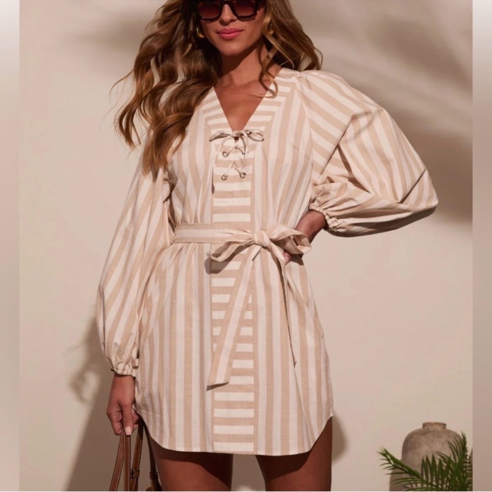 Vici Cream and White Striped Midi Dress